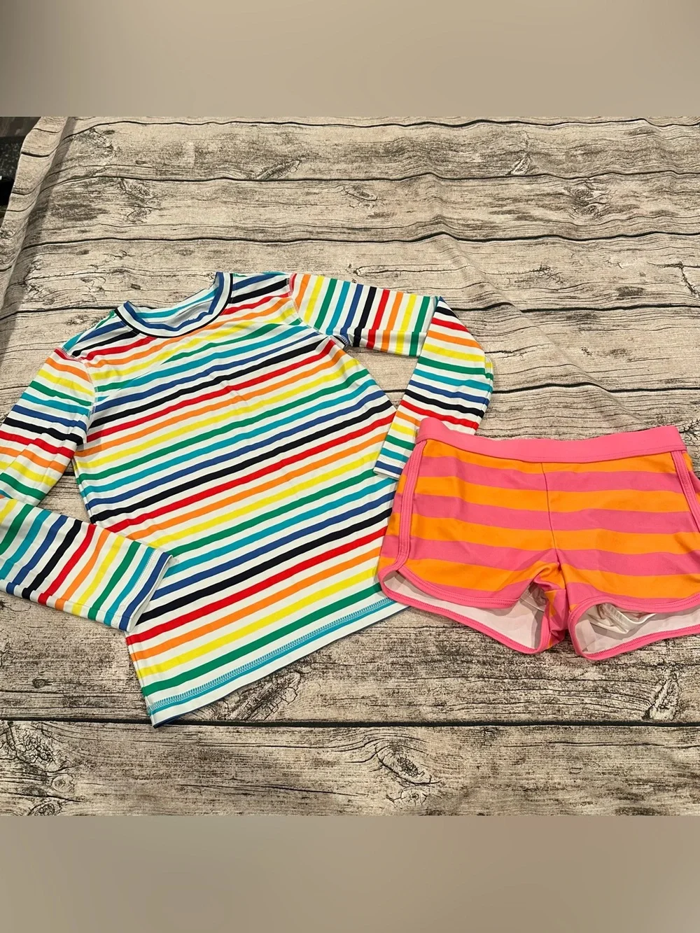 Primary Rainbow Stripe Long-Sleeve Rashguard, Pink & Orange Swim Shorts Size 10